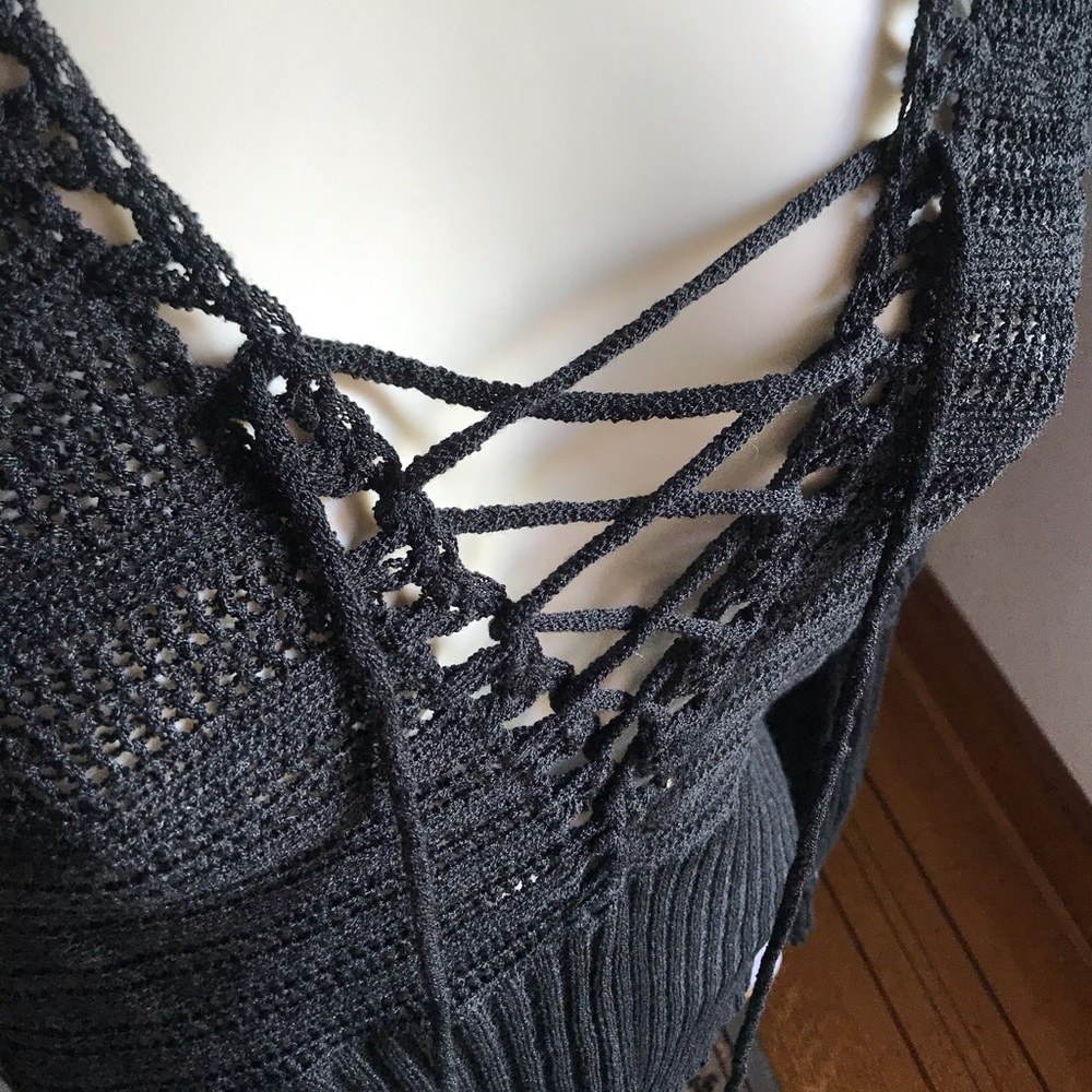 Knit top lace up back and front black soft